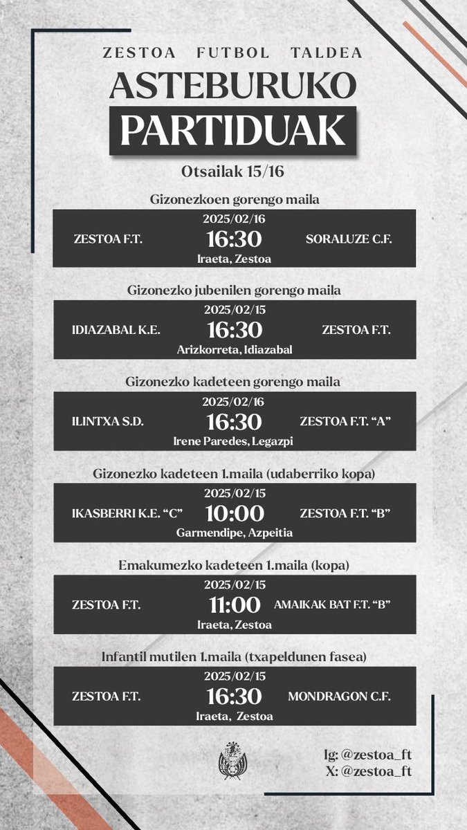 Hona hemen gure taldeek asteburuan izango dituzten partidak.