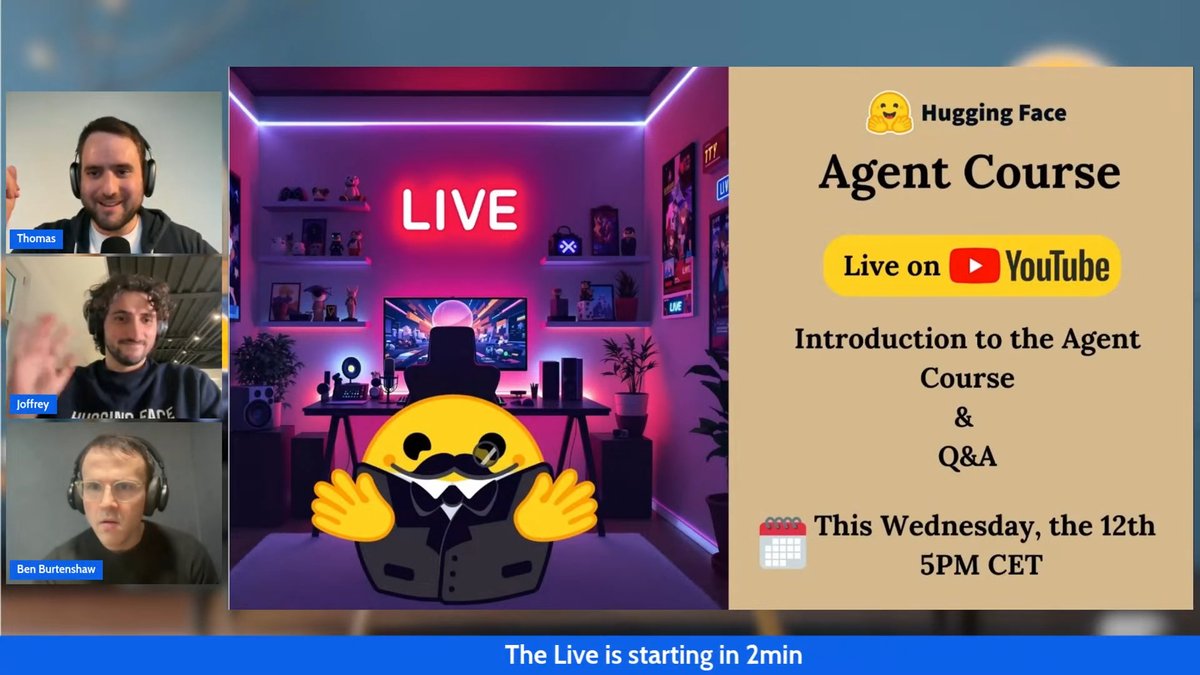 Hugging Face has started a free course on AI agents that is being live-streamed on YT