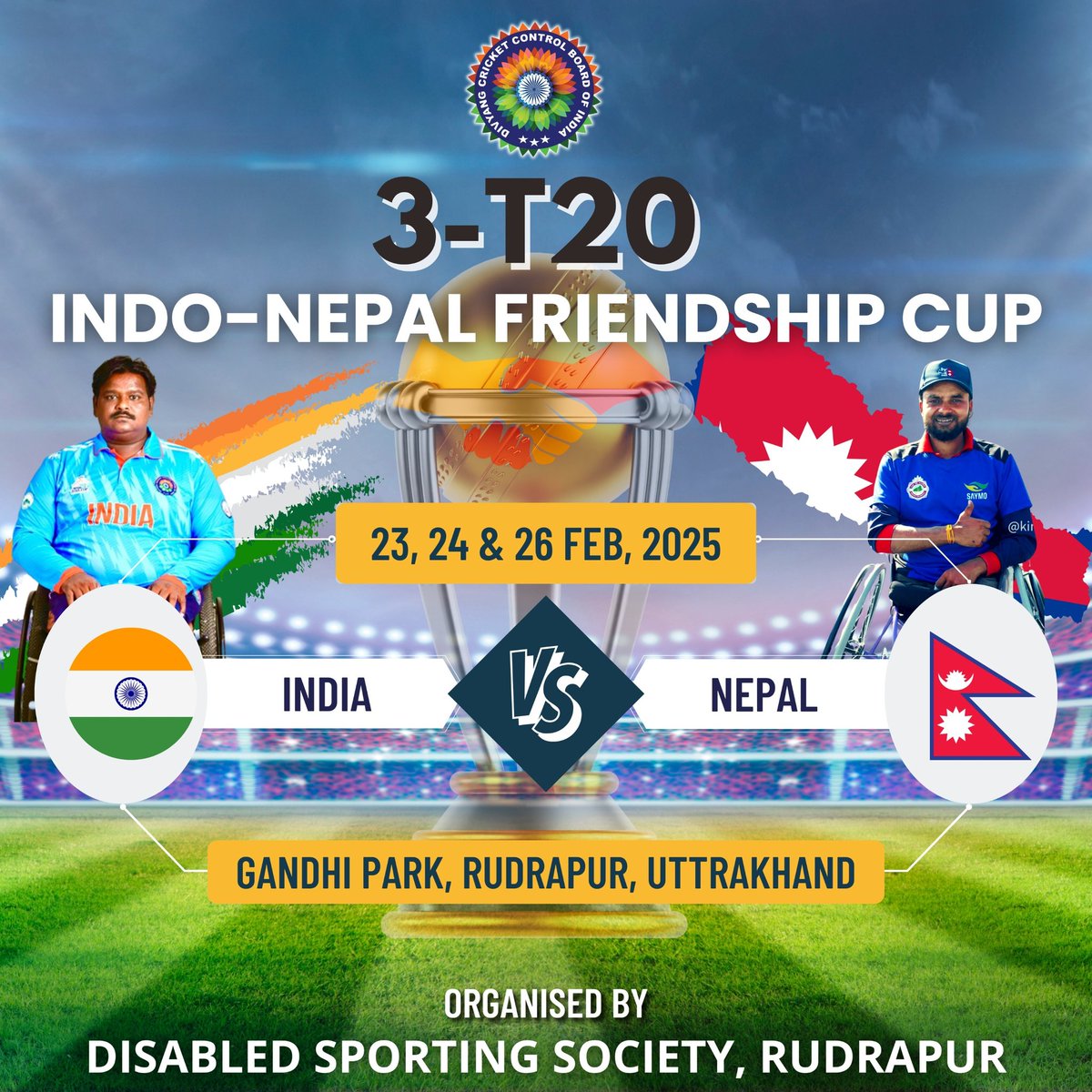 🏏 Indo-Nepal Friendship Cup 2025 🏏

#Cricket knows no boundaries, and neither does the spirit of #inclusivity! 🇮🇳🤝🇳🇵

Get ready for an electrifying 3-match T20 International Series between #India &amp; #Nepal as we celebrate the power of #DivyangCricket #WheelchairCricket 
#DCCBI