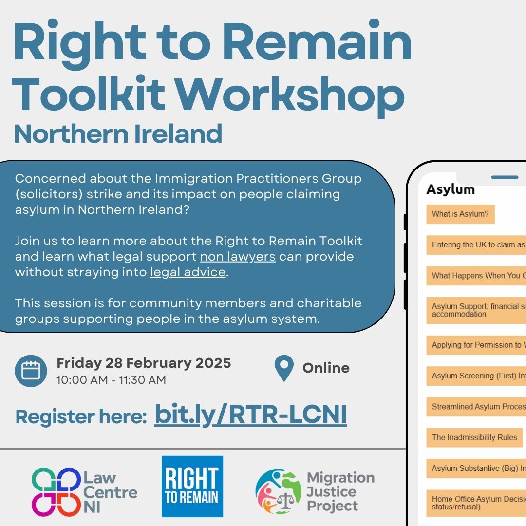 Migration Justice Project (@migration_just) on Twitter photo Join us for a community workshop with <a href="/Right_to_Remain/">Right to Remain</a> in response to the Northern Ireland immigration solicitors' strike.
Register: bit.ly/RTR-LCNI Join us for a community workshop with <a href="/Right_to_Remain/">Right to Remain</a> in response to the Northern Ireland immigration solicitors' strike.
Register: bit.ly/RTR-LCNI