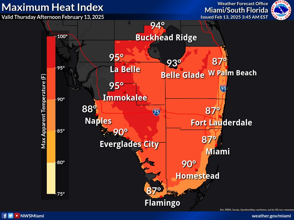 2/13/25 4:25 AM: Its gonna be rather warm for this time of year as heat index values could soar into the mid 90s this afternoon across interior portions of Southwest Florida. #flwx.