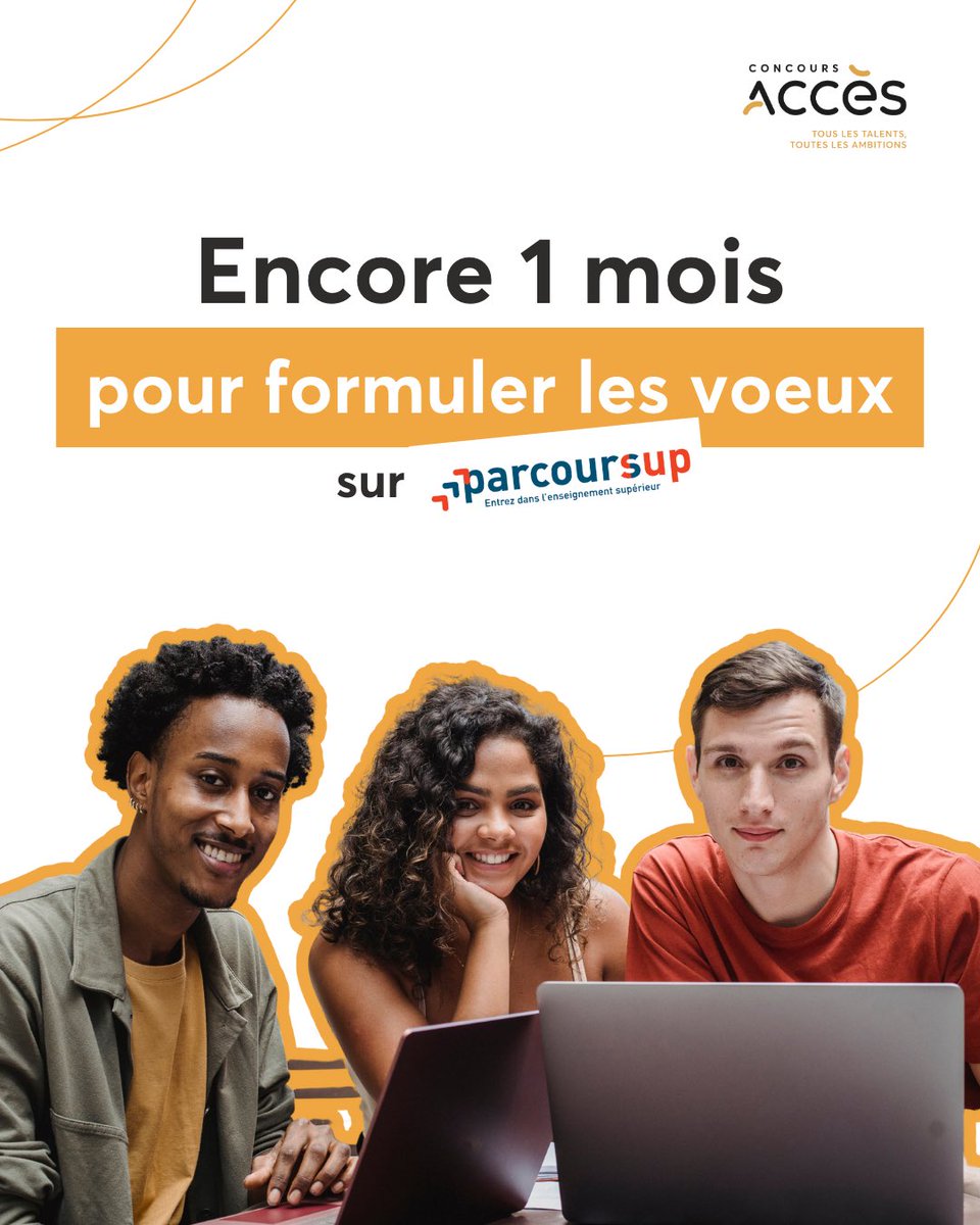 Concours ACCES (@concoursacces) on Twitter photo 📢 Dernière ligne droite !
Il ne te reste plus qu’1 mois pour formuler tes vœux sur <a href="/parcoursup_info/">Parcoursup</a> et tenter ta chance au Concours Accès 🎓!
Une opportunité unique d’intégrer l’une des trois grandes écoles de management : <a href="/esdes_BS/">Esdes Business School</a>, <a href="/ESSCA_Ecole/">ESSCA</a> & <a href="/IESEG/">IÉSEG</a>
#ConcoursAccès 📢 Dernière ligne droite !
Il ne te reste plus qu’1 mois pour formuler tes vœux sur <a href="/parcoursup_info/">Parcoursup</a> et tenter ta chance au Concours Accès 🎓!
Une opportunité unique d’intégrer l’une des trois grandes écoles de management : <a href="/esdes_BS/">Esdes Business School</a>, <a href="/ESSCA_Ecole/">ESSCA</a> & <a href="/IESEG/">IÉSEG</a>
#ConcoursAccès