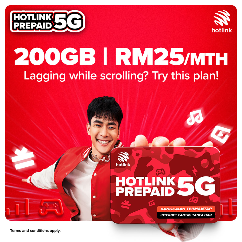 HotlinkRED's tweet photo. Save and enjoy more with Hotlink Prepaid 5G! Join in and feel the difference with eSIM from RM25/mth: 
🔥 200GB Hotspot
🔥 Free up to 10GB Internet 
🔥 Cashback up to RM10