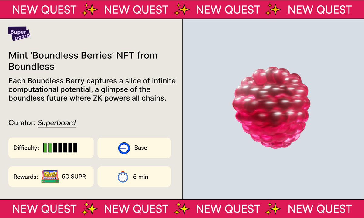 Who doesn’t love berries? Mint the ‘Boundless Berries’ NFT from <a href="/boundless_xyz/">Boundless</a>!

Each Berry embodies a fragment of infinite computational power, offering a glimpse into a boundless future where zero-knowledge proofs drive every blockchain.

🍇 superboard.xyz/quests/mint-bo…