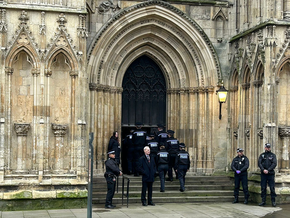 Police flag bearers are in place outside York Minster for the funeral of PC Rosie Prior. We'll carry a full report later