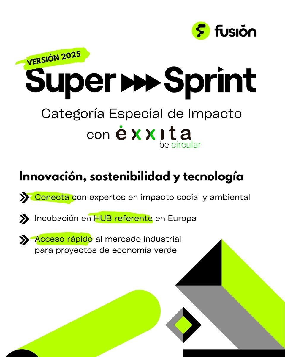 En Éxxita creemos en los modelos de #InnovaciónAbierta para seguir avanzando hacia una #EconomíaVerde, por ello lanzamos el programa #SuperSprint en colaboración con <a href="/fusionstartups/">fusionstartups</a>  ¿Tienes una idea o proyecto de #impacto ambiental y social? Aplica aquí➡️ bit.ly/4gHKIu9