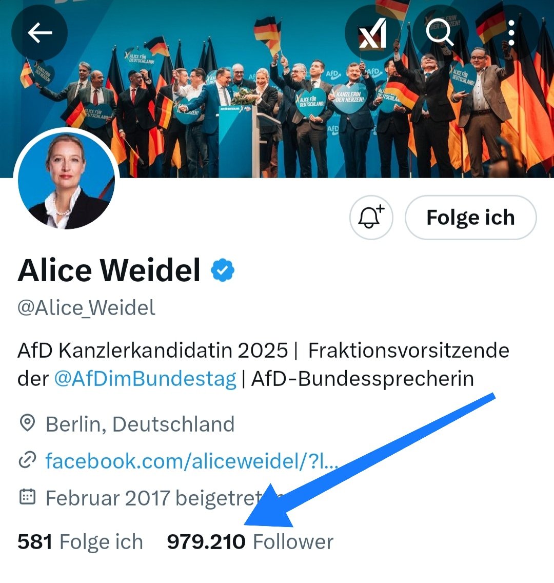 #EineMillionFuerAlice

Liebe Patrioten! Das wäre doch gelacht, wenn wir die Million nicht voll bekommen, die Alice Weidel folgen! Prüft das mal nach, ob ihr schon dabei seid: 💙<a href="/Alice_Weidel/">Alice Weidel</a>💙

Teilt den Post bitte, wenn Ihr schon folgt. Vielleicht schaffen wir das noch bis zur