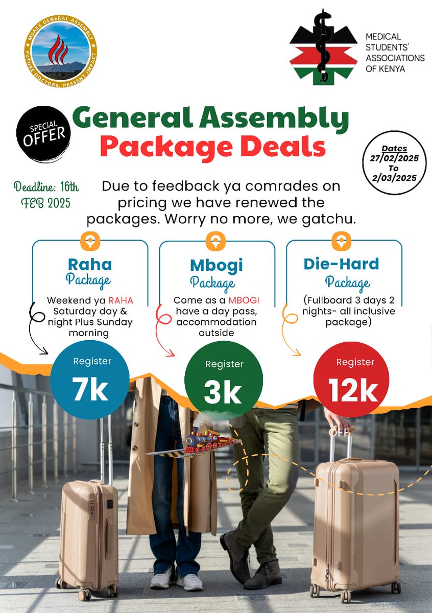 You definitely can't miss out on this!!
Cheki hizo package deals!!🔥 
There's something for everyone 😎
So what are you waiting for?!

Join us in Naivasha, Kenya, from the 27th of February from the annual MSAKE General Assembly