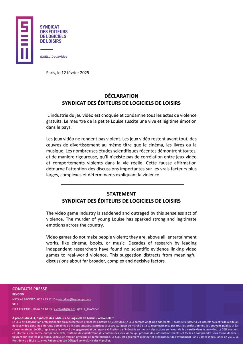 SELL_JeuxVideo's tweet image. DÉCLARATION - SYNDICAT DES ÉDITEURS DE LOGICIELS DE LOISIRS