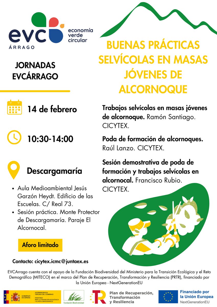 🙋‍♀️CICYTEX organiza una jornada formativa sobre buenas prácticas selvícolas en alcornocales en el Valle dl Árrago🌳🪓
🗓️14 febrero en Descargamaría
🆓Acceso libre y gratuito. Dudas al email📩cicytex.icmc@juntaex.es
ℹ️Noticia cicytex.juntaex.es/-/cicytex-orga…
#ProyectosPRTR #NextGenerationEU