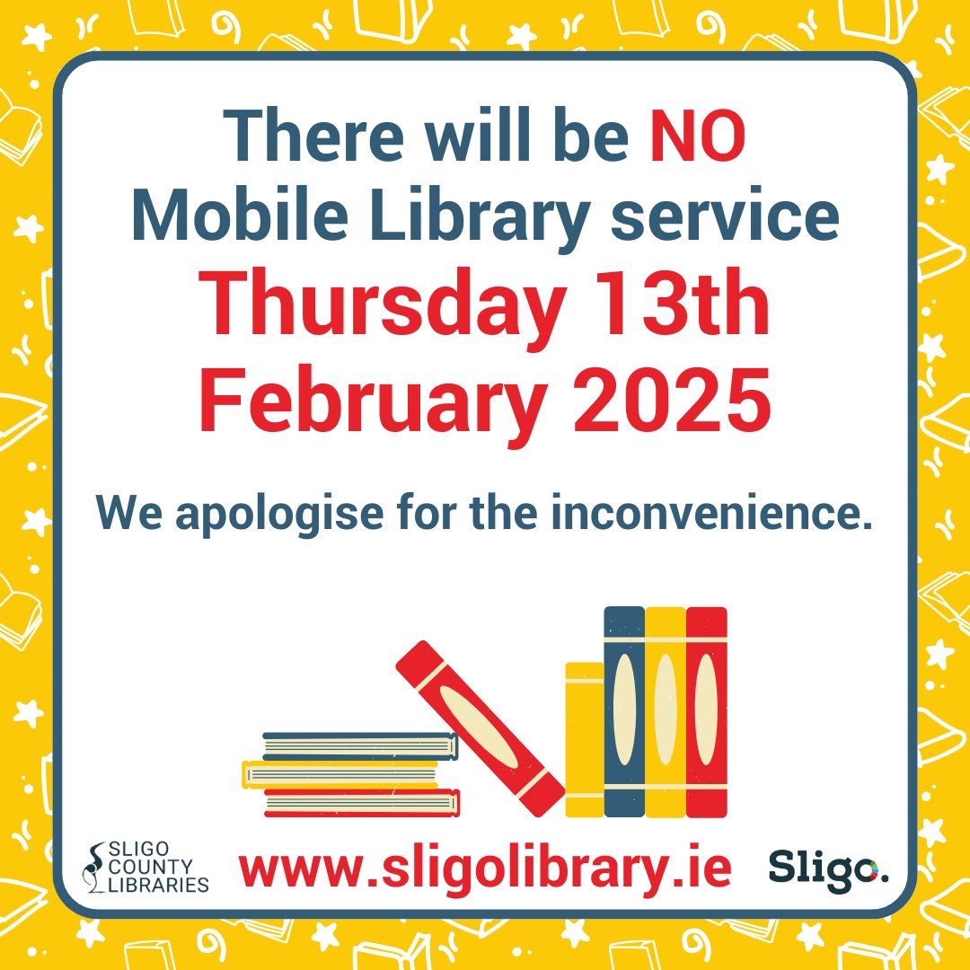 🔴Mobile Library Notice🔴

There will be NO Mobile Library service today, Thursday 13th February 2025.  We apologise for the inconvenience.

sligolibrary.ie

#sligo #sligolibrary #sligomobilelibrary