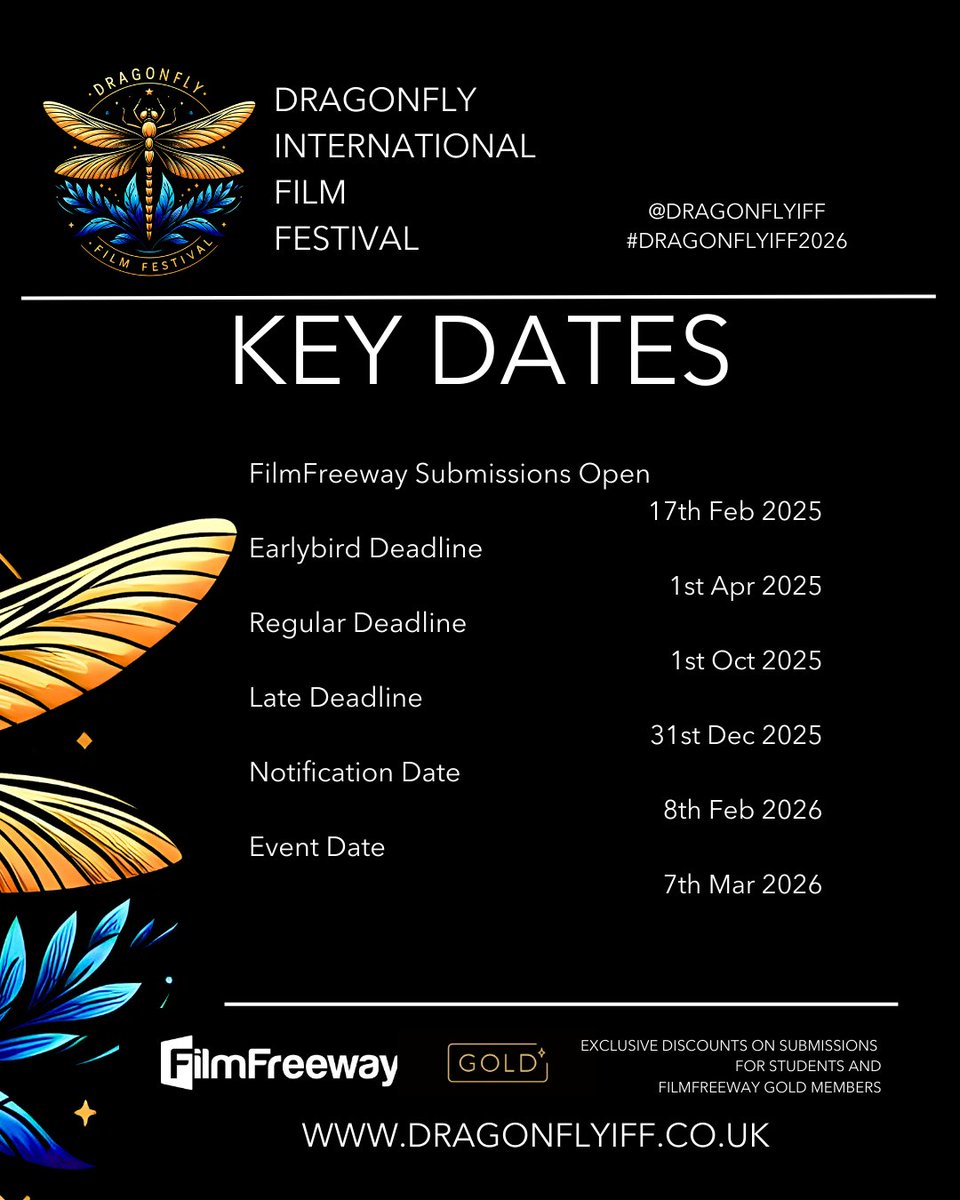 Dragonfly International Film Festival (@dragonflyiff) on Twitter photo Dragonfly International Film Festival is a film competition celebrating diverse and creative filmmaking from around the globe.
Open for submissions <a href="/FilmFreeway/">FilmFreeway</a> on 17th Feb 2025
#dragonflyiff2026
#filmfestival
#Lancashire
#filmmakers
#shortfilm
#shortfilmfestival
#filmcrew Dragonfly International Film Festival is a film competition celebrating diverse and creative filmmaking from around the globe.
Open for submissions <a href="/FilmFreeway/">FilmFreeway</a> on 17th Feb 2025
#dragonflyiff2026
#filmfestival
#Lancashire
#filmmakers
#shortfilm
#shortfilmfestival
#filmcrew