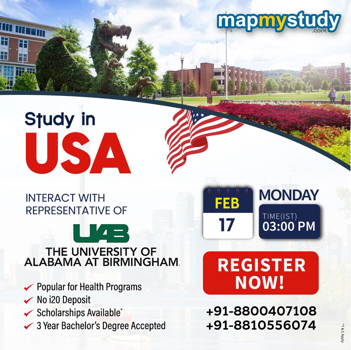 MapMyStudy's tweet image. Unlock Your Future with the University of Alabama at Birmingham, USA!
Get in touch with us: bit.ly/Online_Counsel… or talk to our expert counsellors 88004-07108 / 88105-56074
 #MapMyStudy #studyabroadconsultants  #StudyAbroad