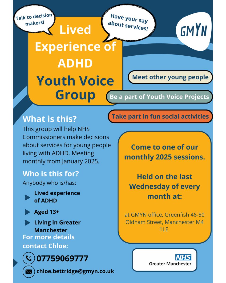 Join Greater Manchester Youth Network for an engaging support group tailored for those with ADHD experiences, whether diagnosed or not. Their next session is on Feb 26th, 5-7 PM at GMYN’s Greenfish Resource Centre. 💬 For inquiries, email specialeducation@stockport.gov.uk