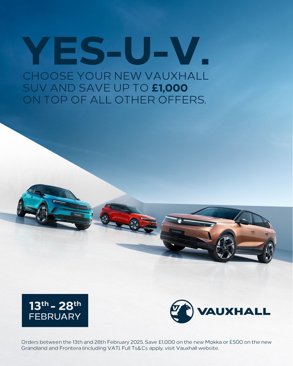 Vauxhall YES-U-V Event

Vauxhall are proudly showing off their new SUV range at an exclusive YES-U-V event between the 13th –28th February. 

Don't miss out, Visit your local Vauxhall Retailer now, or click s.vauxhall.com/p33073