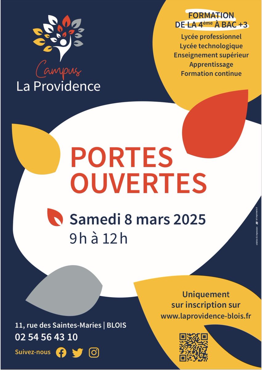 🔵 Prochaines Portes Ouvertes – Campus La Providence 🔵
📅 Samedi 8 mars 2025
⏰ 9h – 12h
📍 La Providence, Blois
Pour faciliter l’organisation, merci de vous inscrire dès maintenant
 ▶️ laprovidence-blois.fr
Nous avons hâte de vous rencontrer ! ✨