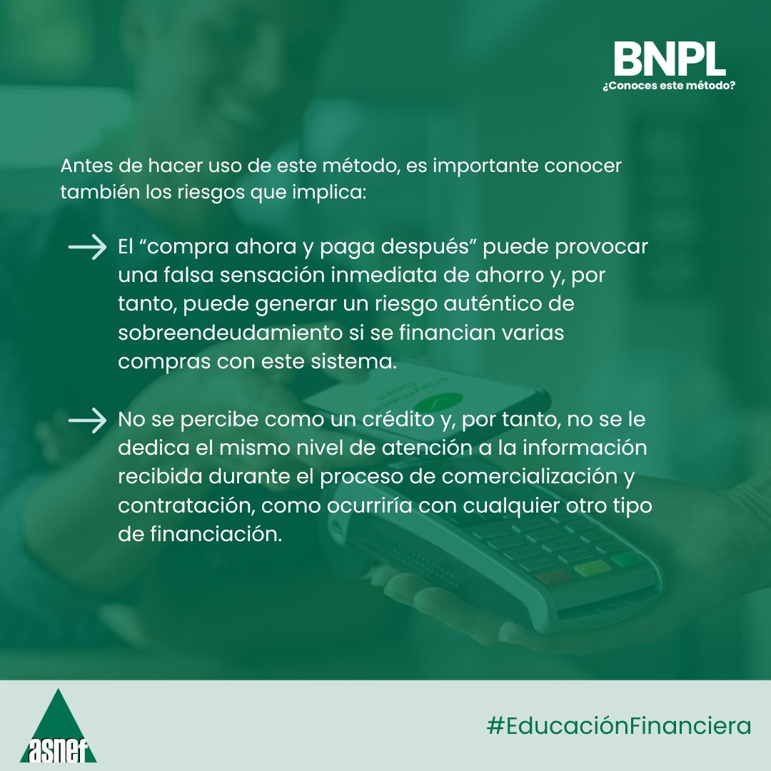 ASNEF_'s tweet image. El modelo &quot;Compra ahora, paga después&quot;  te permite fraccionar pagos en cuotas.

✅ Cómodo y rápido.
⚠️ Pero puede fomentar compras impulsivas y generar altos intereses por retraso.
#EducaciónFinanciera #BNPL #ComprasResponsables