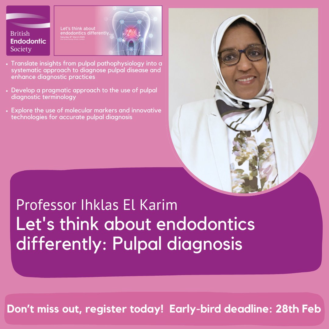 We are delighted to announce that Professor Ihklas El Karim will be speaking at our upcoming Spring Scientific Meeting!

Register today! Early-bird deadline is 28th Feb.

britishendodonticsociety.org.uk/events/27/spri… 

#BES #SpringScientificMeeting