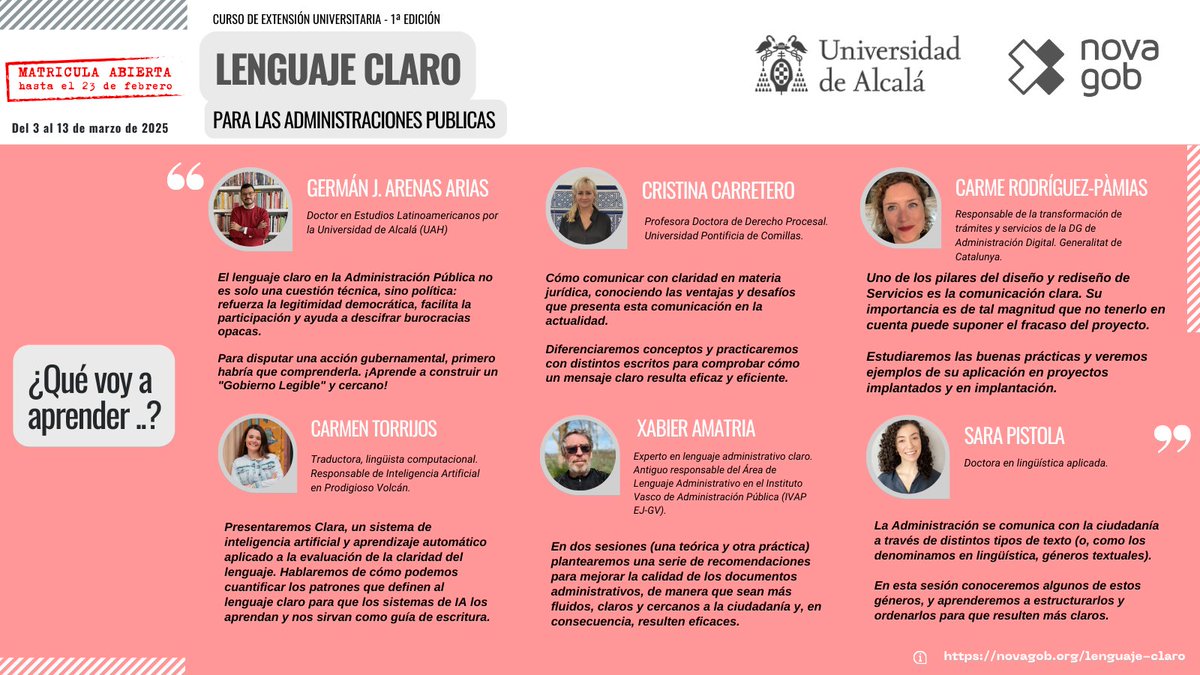novagob's tweet photo. 📝 Curso "#LenguajeClaro para las Administraciones Públicas" @UAHes @novagob

📅 3-13 marzo 

👩‍🏫Cuerpo docente 🔝:
@sistema_arText
@JCFuentesG
@GermanJ_ArenasA
@sarapistola
@BlasSubiela
@fpolancomart
@Mar_Forment
@criscarretero1
@xamatria 
&amp; ➕

👉 https://t.co/fN7ys3eTbi https://t.co/uJC7xrlvHU