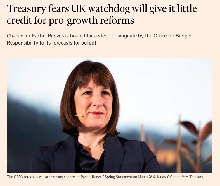 dc_lawrence's tweet photo. Here's a problem: the Chancellor can't invest in infrastructure unless the OBR forecasts growth, but the OBR won't forecast growth until there is evidence of investment.

Ironically, the OBR is more being Treasury-brained than the Treasury itself. 🧵 https://t.co/iS5pSkHqNY