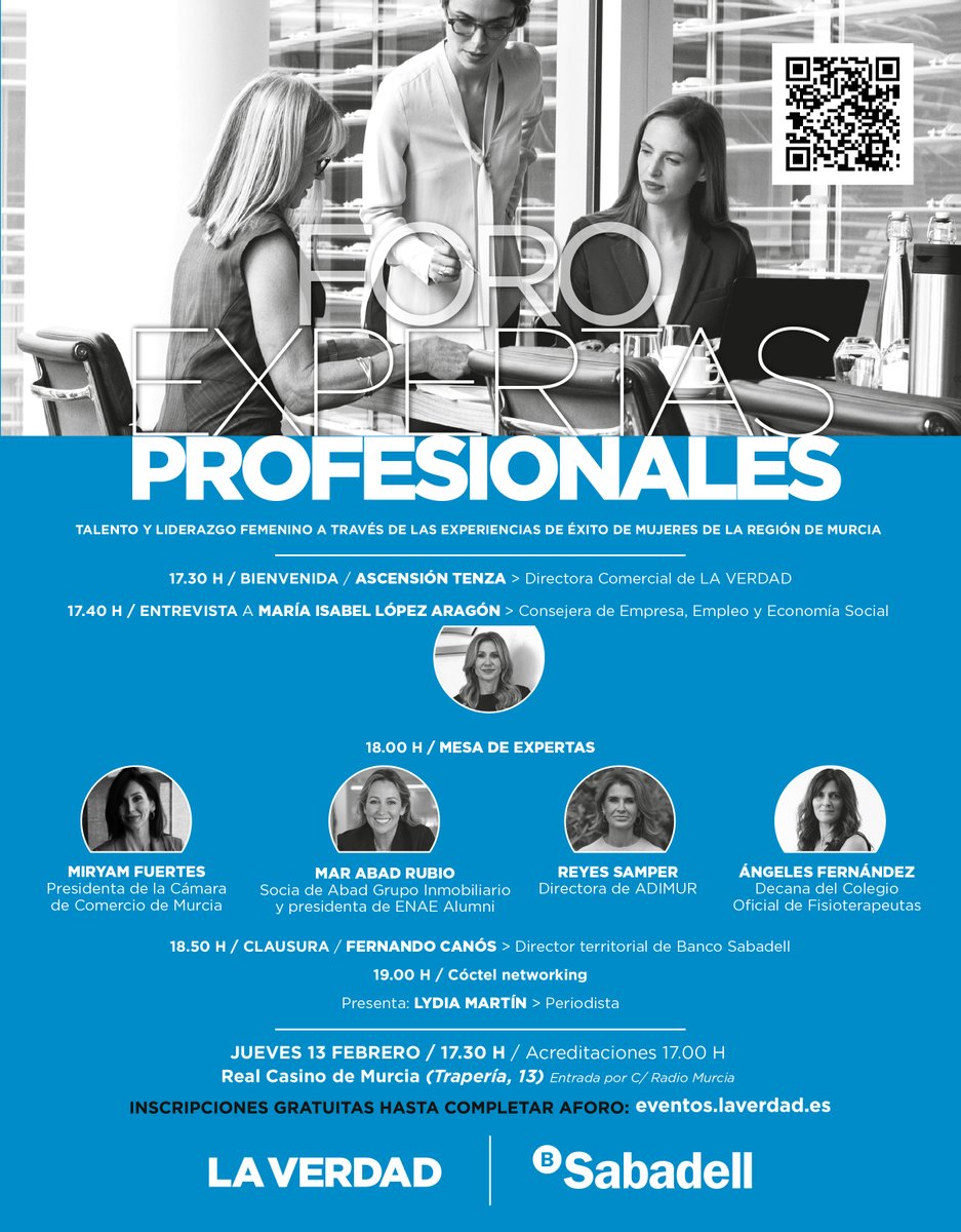 Esta tarde, participamos en el Foro de Expertas Profesionales de <a href="/laverdad_es/">laverdad_es</a>  para ofrecer una visión femenina del mundo económico y empresarial 🙌
<a href="/BancoSabadell/">Banco Sabadell</a> <a href="/AdimurInfo/">ADIMUR - Directivos Murcia</a> <a href="/MarisaL_Aragon/">Marisa López</a> <a href="/AbadInmob/">Abad Inmobiliaria</a> <a href="/COFIRMoficial/">Colegio Oficial de Fisioterapeutas de Murcia</a>