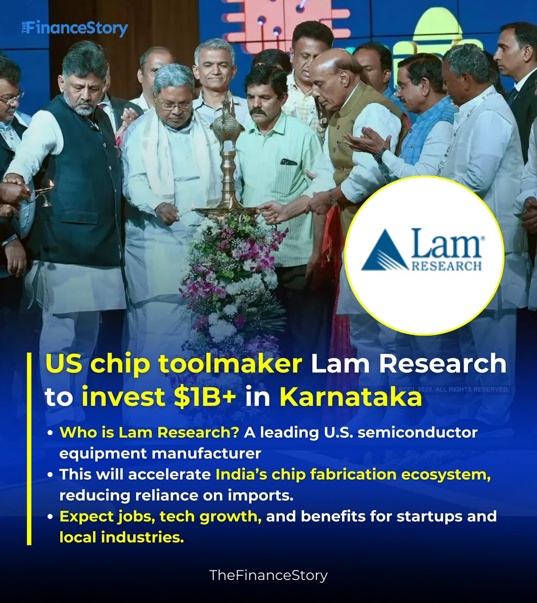🚀 Lam Research signs an MoU with the #Karnataka Industrial Area Development Board (KIADB).

🔹Over ₹10,000 Cr will be invested in Karnataka, over the next few years.

💡 This will spur innovation and local manufacturing in India.

#semiconductors #India #Technology