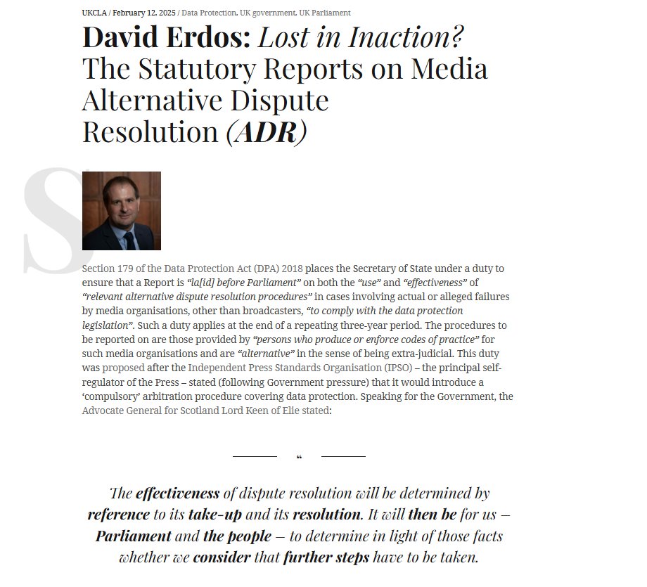 New Blog on #DPA2018 #GDPR #Media Dispute Resolution Promise: Triennial Public Reports on effective take-up for look at next steps Reality: Take-up only 1 case/year yet Reports not effectively published &amp; ToR exclude take-up in "effectiveness" analysis 1/2 ukconstitutionallaw.org/2025/02/12/dav…