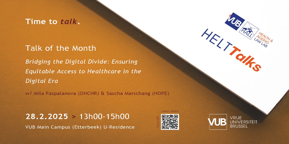 The 5th HELT Talks is here! This session, "Bridging the Digital Divide," features Sascha Marschang (HOPE) &amp; Mila Paspalanova (OHCHR) discussing how digital advancements in healthcare can drive progress but also deepen inequalities.
Register 👉 hall.research.vub.be/helt-talks-5