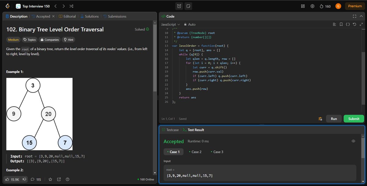 coding_ez24105's tweet image. Diving deeper into tree traversal! 🌳✨ Today’s solves:
📊 Binary Tree Level Order Traversal
📈 Average of Levels in Binary Tree
👀 Binary Tree Right Side View
🔍 Lowest Common Ancestor of a Binary Tree
More challenges ahead! 🚀
#LeetCode #BinaryTrees #DSA #Top150 #CodingLife