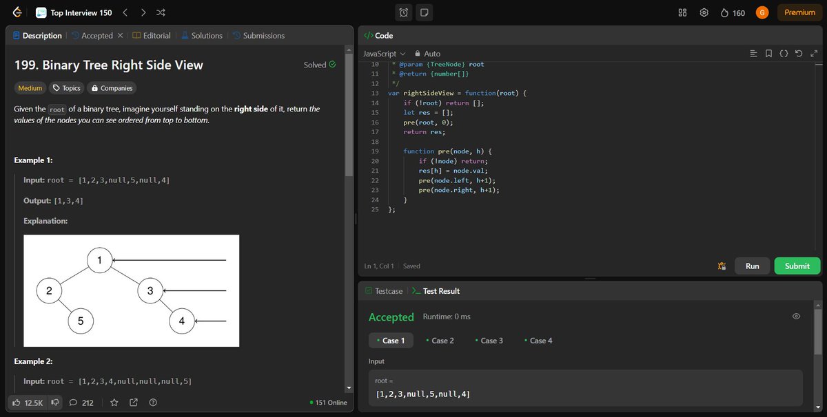 coding_ez24105's tweet image. Diving deeper into tree traversal! 🌳✨ Today’s solves:
📊 Binary Tree Level Order Traversal
📈 Average of Levels in Binary Tree
👀 Binary Tree Right Side View
🔍 Lowest Common Ancestor of a Binary Tree
More challenges ahead! 🚀
#LeetCode #BinaryTrees #DSA #Top150 #CodingLife