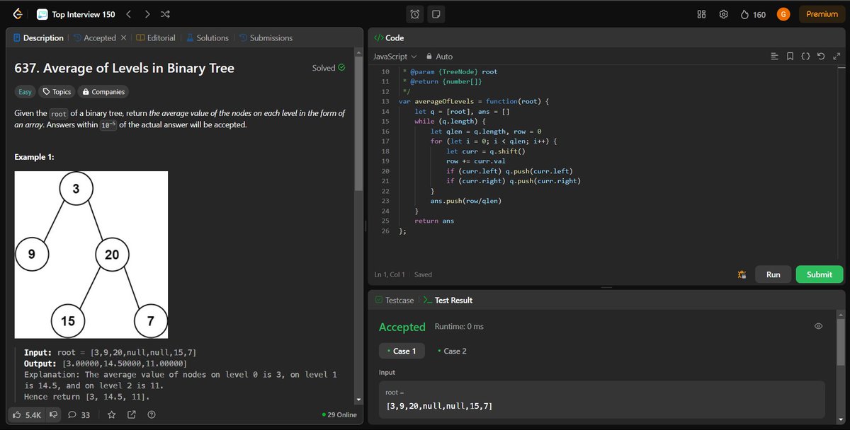 coding_ez24105's tweet image. Diving deeper into tree traversal! 🌳✨ Today’s solves:
📊 Binary Tree Level Order Traversal
📈 Average of Levels in Binary Tree
👀 Binary Tree Right Side View
🔍 Lowest Common Ancestor of a Binary Tree
More challenges ahead! 🚀
#LeetCode #BinaryTrees #DSA #Top150 #CodingLife