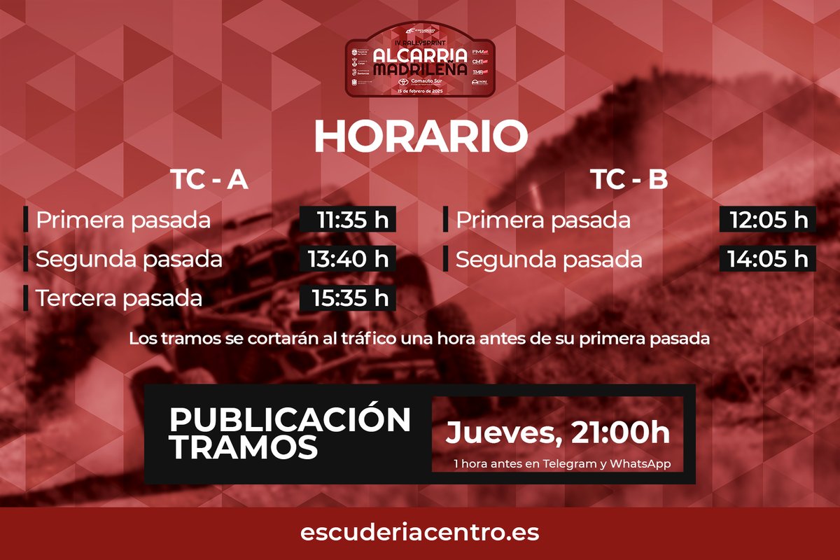 EL HORARIO DE ESTE FIN DE SEMANA

Este será el horario de los tramos y pasadas del IV Rallysprint Alcarria Madrileña. Recuerda que el acceso al tramo estará cortado desde una hora antes de su primera pasada, y permanecerá cerrado hasta el fin de la prueba.