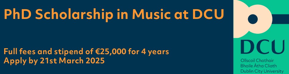 PHD SCHOLARSHIP: Applications are invited for a PhD Scholarship in Music at DCU. 4 years, €25k stipend + fees. Deadline 21 March. Click here for research areas and details, and please spread the word! dcu.ie/theologyphilos…