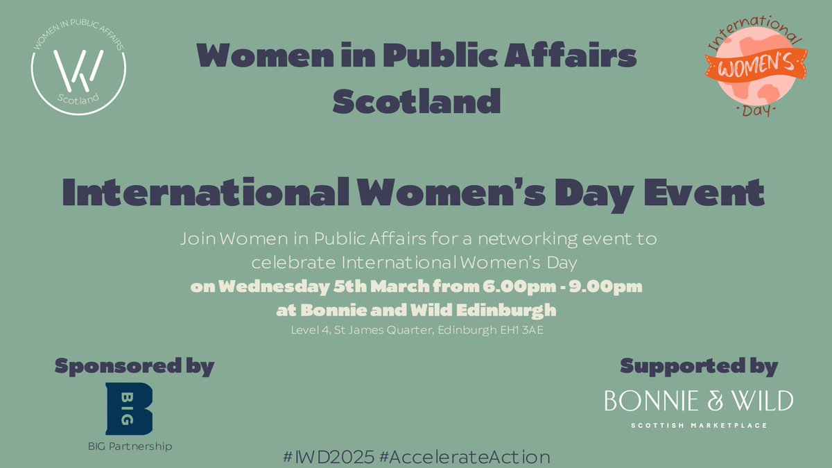 Women in Public Affairs Scotland (WiPA) (@womeninpascot) on Twitter photo On Wednesday 5th March from 6pm, join us at Bonnie and Wild in St James Centre, Edinburgh for a networking event to celebrate #InternationalWomensDay. Huge thanks to our sponsor <a href="/BIGPartnership/">BIG</a> and support from <a href="/Bonnieandwilduk/">Bonnie & Wild's Scottish Marketplace</a> - sign up below to attend!
eventbrite.co.uk/e/women-in-pub⦠On Wednesday 5th March from 6pm, join us at Bonnie and Wild in St James Centre, Edinburgh for a networking event to celebrate #InternationalWomensDay. Huge thanks to our sponsor <a href="/BIGPartnership/">BIG</a> and support from <a href="/Bonnieandwilduk/">Bonnie & Wild's Scottish Marketplace</a> - sign up below to attend!
eventbrite.co.uk/e/women-in-pubā¦