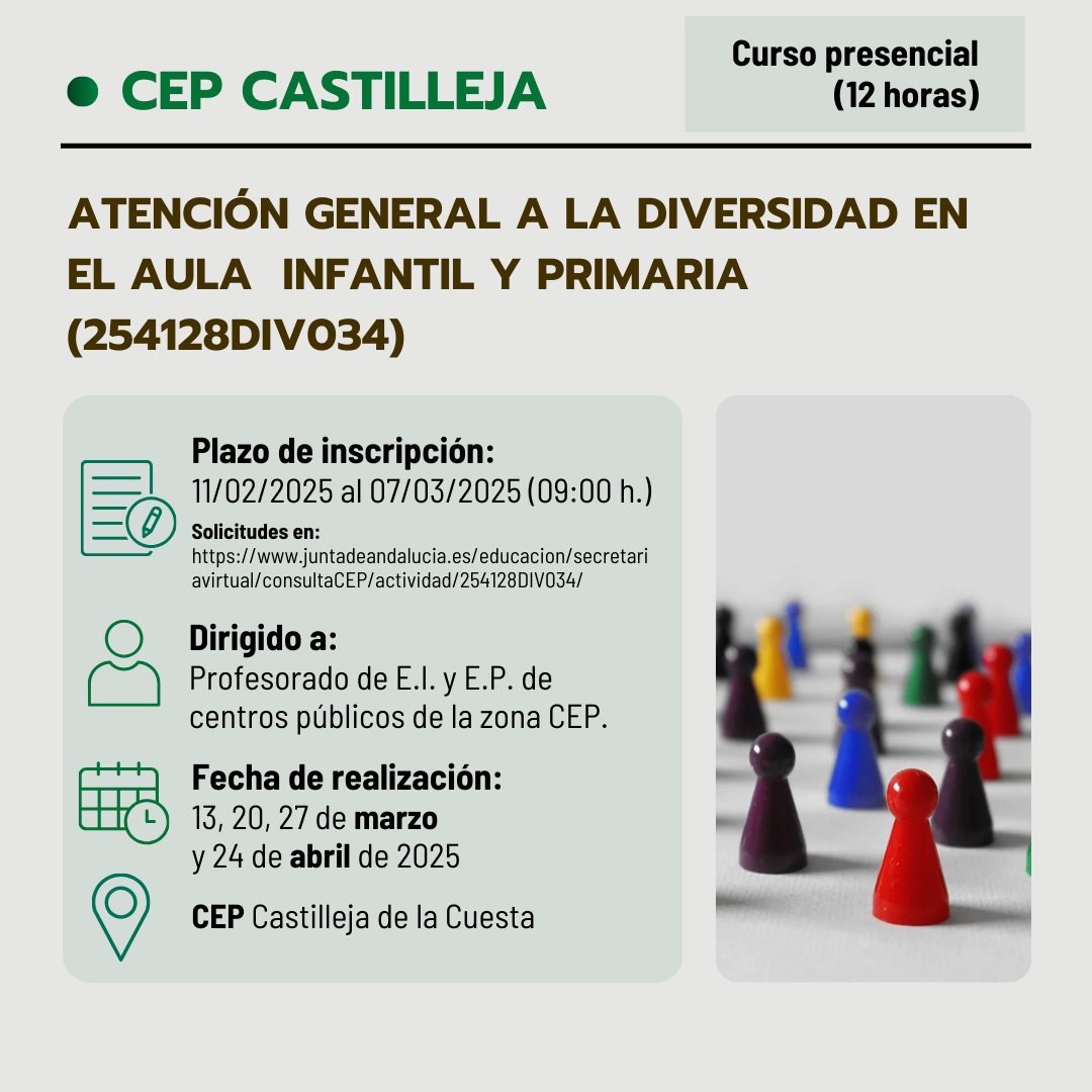 🔊 Curso 𝐩𝐫𝐞𝐬𝐞𝐧𝐜𝐢𝐚𝐥➡️ "ATENCIÓN GENERAL A LA DIVERSIDAD EN EL AULA INFANTIL Y PRIMARIA"

📍 Lugar: CEP Castilleja
📝 Abierto el plazo de solicitudes hasta el 07/03/2025 a las 09:00 h en: 🔗 juntadeandalucia.es/educacion/secr… ✅