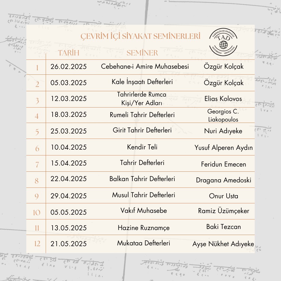 Tarihçiler Derneği farkıyla  belgelerinde uzman akademisyen hocalarımızdan Siyakat Seminerleri’ne çevrimiçi ya da yüz yüze katılabilirsiniz.
Katılım ve tüm detaylar afişlerdedir.
Davetlisiniz 🍀