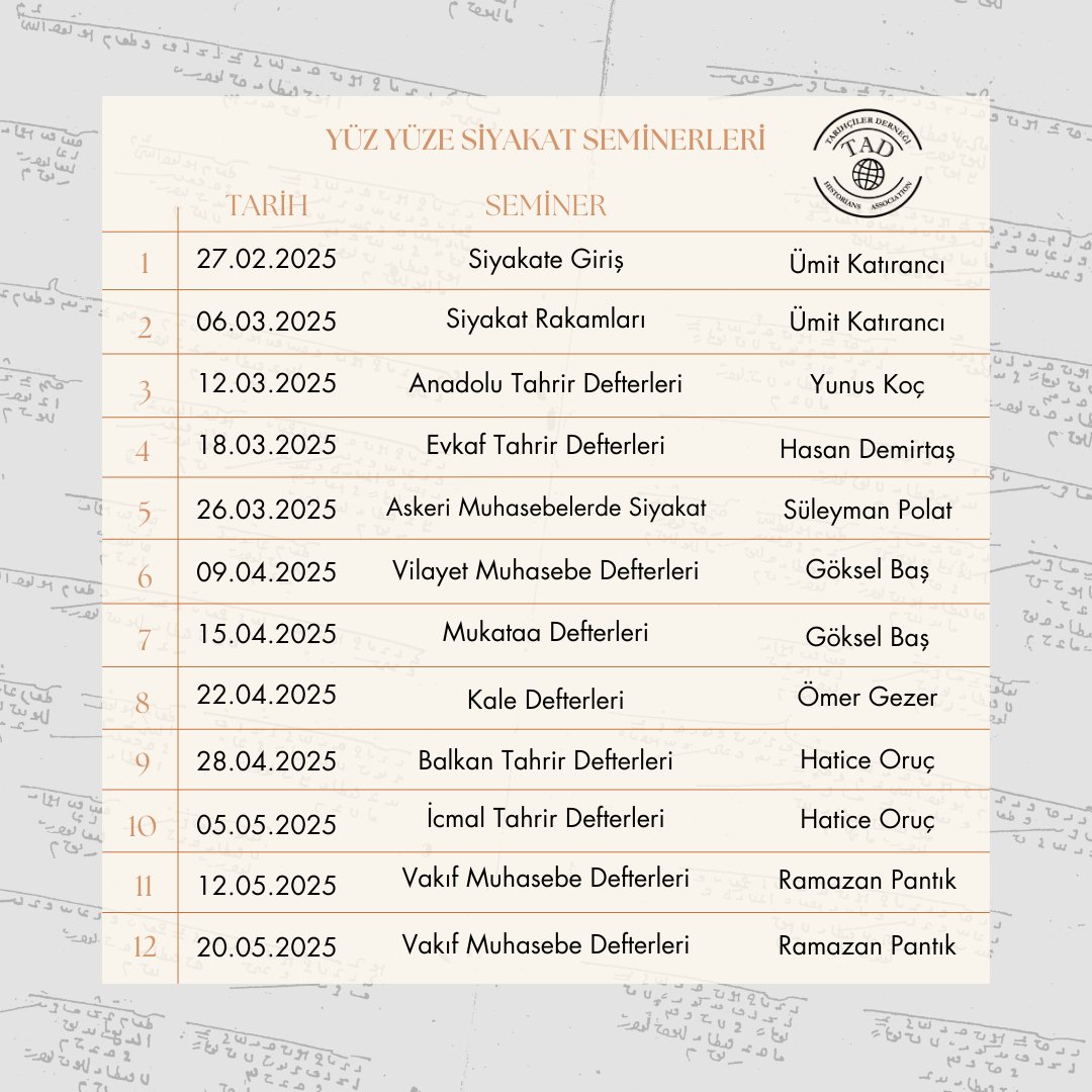 TADernegi's tweet photo. Tarihçiler Derneği farkıyla  belgelerinde uzman akademisyen hocalarımızdan Siyakat Seminerleri’ne çevrimiçi ya da yüz yüze katılabilirsiniz.
Katılım ve tüm detaylar afişlerdedir.
Davetlisiniz 🍀 https://t.co/lWoarEprtb