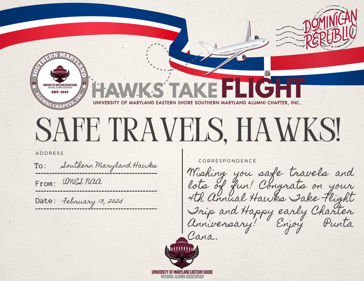 Wishing our hawks traveling with @umes_somd_hawks to Punta Cana, Dominican Republic, for their 4th Annual Hawks Take Flight International Trip, a safe flight. Be safe and have lots of fun!