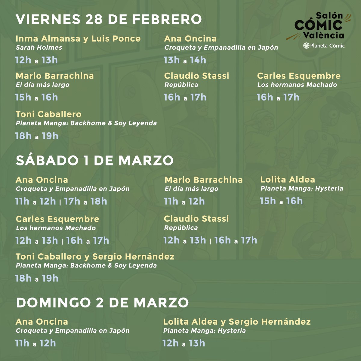 ✍️ ¡Varios de nuestros autores y autoras firmarán en el Salón del Cómic de Valencia (<a href="/SalonComicVlc/">Salón del Cómic y del Manga de Valencia</a>)!

Aquí tenéis la agenda completa de firmas de <a href="/Inma_Almansa/">Inma Almansa</a>, <a href="/Luis_Ponce_S/">Luis Ponce</a>, Ana Oncina, Mario Barrachina, Claudio Stassi, <a href="/CarlesEsquembre/">Carles Esquembre</a>, Toni Caballero, <a href="/SergioHdezAutor/">SergioHernández</a> y