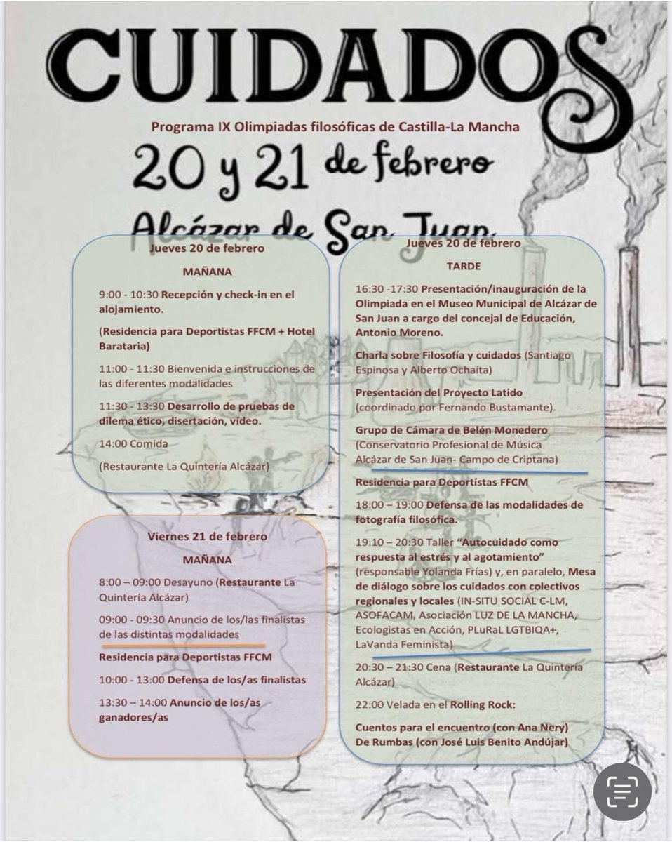 ✨📢 ¡Todo confirmado! 📢✨

Presentamos el programa oficial de la IX Olimpiada Filosófica de Castilla-La Mancha, que se celebrará los días 20 y 21 de febrero en Alcázar de San Juan.

🌱 Tema: Los cuidados 🏡🌍
📩 ¡Nos vemos en Alcázar para compartir la filosofía!
