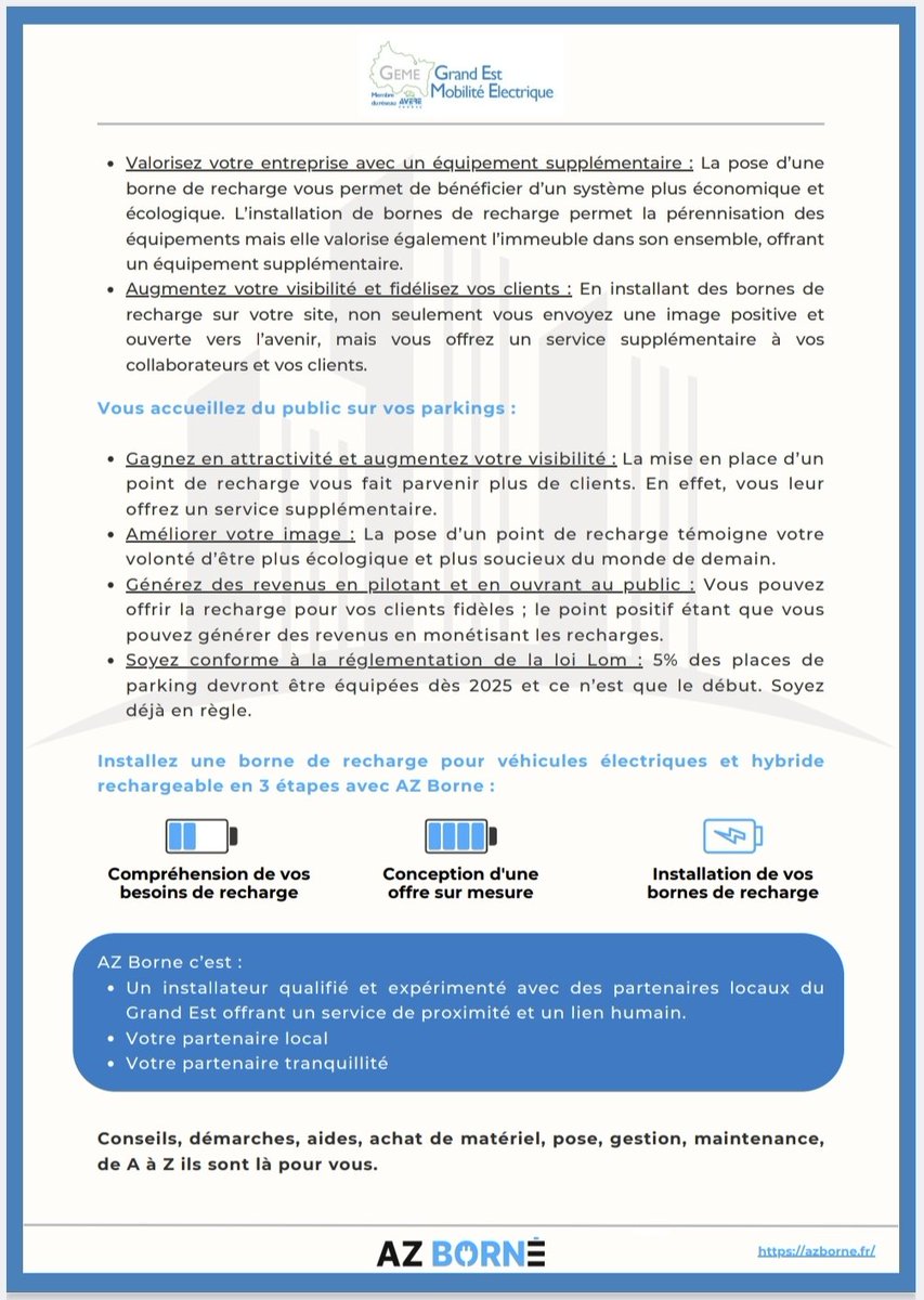 ⚡️Présentation de notre nouveau membre AZ Borne, installateur de bornes de recharge ⚡️

AZ Borne nous a rejoins fin 2024 pour une nouvelle aventure. Conseils, démarches, aides, pose, maintenance, etc, de A à Z ils vous accompagnent dans l'installation de vos bornes de recharge.