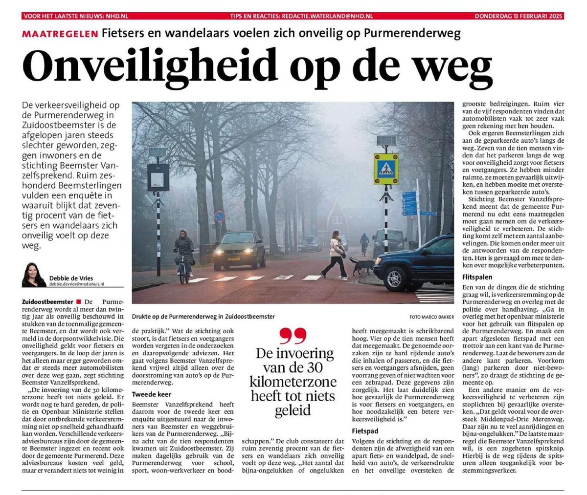 Onveilige Purmerenderweg voor fietsers en voetgangers met veel bijna ongelukken en ongelukken. #noordhollandsdagblad besteedt goed aandacht aan onze grote enquête en de vijf oplossingen.