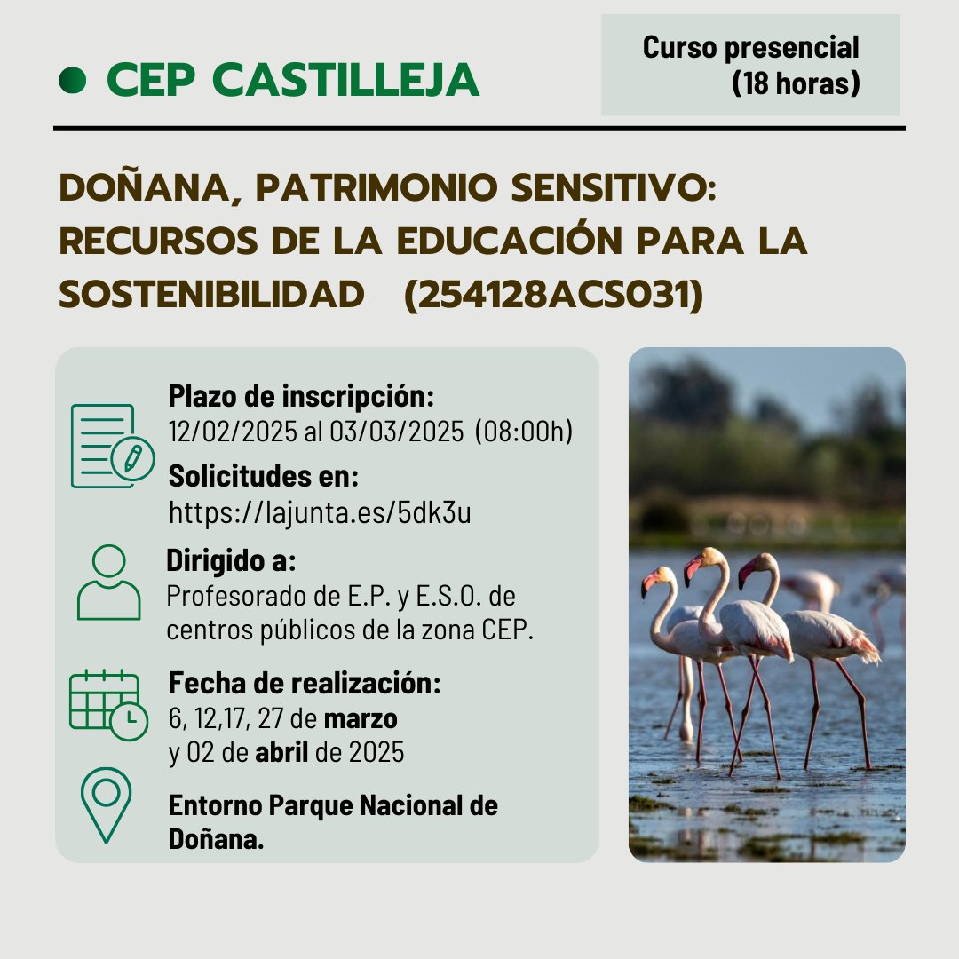 🏞️ Curso 𝐩𝐫𝐞𝐬𝐞𝐧𝐜𝐢𝐚𝐥 ➡️ "DOÑANA, PATRIMONIO SENSITIVO: RECURSOS DE LA EDUCACIÓN PARA LA SOSTENIBILIDAD"

📍 Lugar: Entorno Parque Nacional de Doñana
📝 Abierto el plazo de solicitudes hasta el 03/03/2015 a las 08:00 h en:🔗 juntadeandalucia.es/educacion/secr… ✅