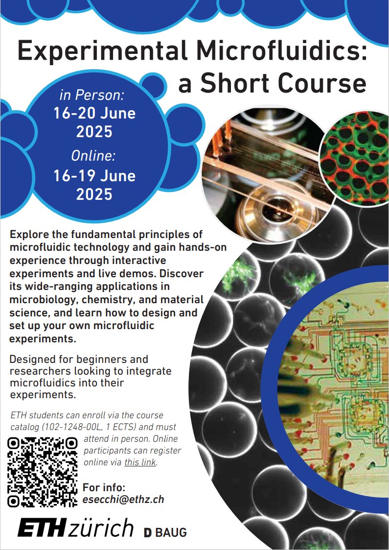 Microbefluidics (@thestockerlab) on Twitter photo 🌟 The Experimental #Microfluidic Course is back <a href="/ETH/">ETH Zürich</a>!🌟
Join us to explore the fundamentals of microfluidic technology and gain hands-on experience through interactive experiments and live demos.
📅16–20 June 2025 (Online option available)
More info here 👇 🌟 The Experimental #Microfluidic Course is back <a href="/ETH/">ETH Zürich</a>!🌟
Join us to explore the fundamentals of microfluidic technology and gain hands-on experience through interactive experiments and live demos.
📅16–20 June 2025 (Online option available)
More info here 👇
