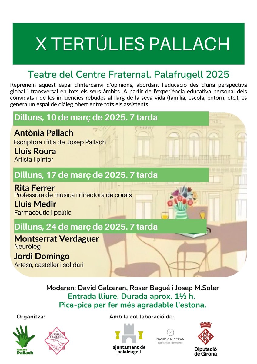 📢 X edició de les Tertúlies Pallach!
📅 10, 17 i 24 de març |
🕖 19 h
📍 Teatre del Centre Fraternal, Palafrugell
🎟️ Entrada lliure
📝 La Dra. Montserrat Verdaguer ha sol·licitat que la seva especialitat consti com a "Neuròleg" en lloc de "Neuròloga".