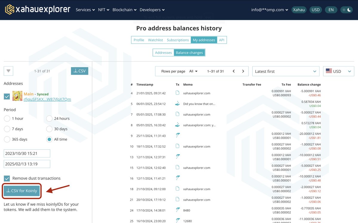 If you're preparing tax reports with <a href="/KoinlyOfficial/">Koinly</a>, we've made it much easier for you. You can now get compatible CSV files with the most detailed calculations. 😎
- Go to Bithomp Pro
- Purchase a Pro subscription
- Download your balance change history
xahauexplorer.com/admin