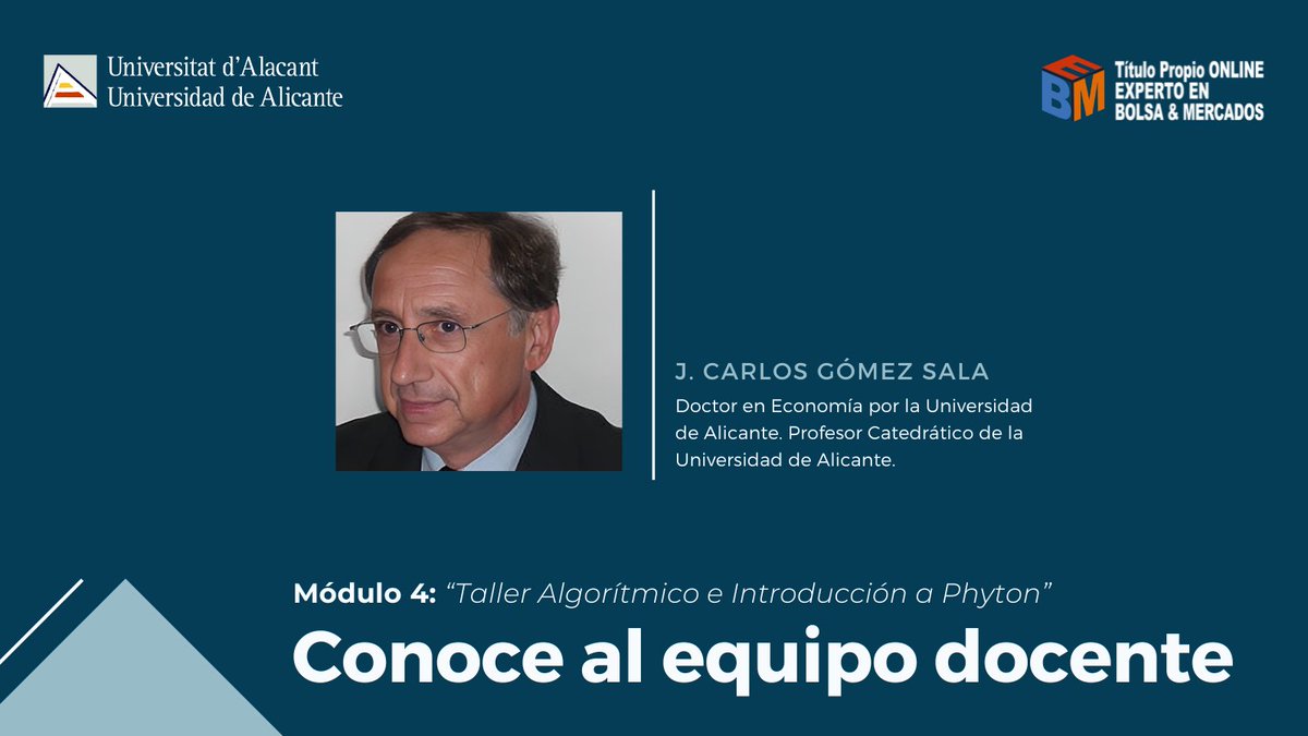 🎯 ¡Finalizado el Módulo 4 del #ExpertoBolsaUA!
📊 Trading Algorítmico e Introducción a Python con J.Carlos Gómez Sala. 🔍 Contenidos tratados:
- Introducción a #Python.
- Numpy, Pandas y manejo de datos financieros.
- Análisis Técnico e indicadores como RSI y MACD.
- Estrategias