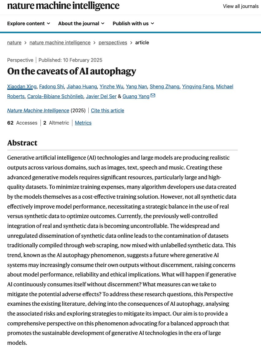 gyangMedIA's tweet image. #AIAutophagy: When AI feeds on its outputs, risks like #GenerativeAI model collapse &amp;amp; diversity loss emerge.

🔍 Key Insights:
✅ Silent contamination of datasets
🕵️ Harder to spot synthetic vs real data
🔒 Policies lag in #transparency &amp;amp; #ethics
🔗 Read: lnkd.in/eH2-6WSN