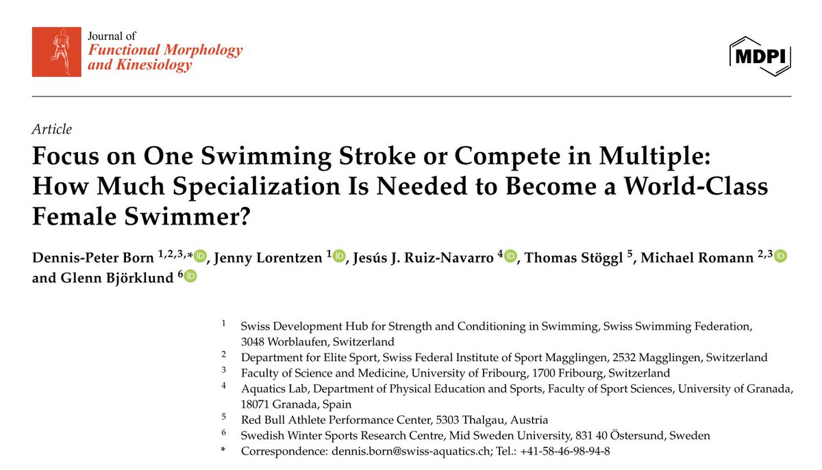 Just Published! 🔬 Open Access 🌍

A fantastic collaboration on a highly practical study for coaches and talent specialists! ⏱️

Should female swimmers🏊🏻‍♀️specialize in one stroke or not? 📈 It all depends on the performance level they aim to achieve! 🎯

mdpi.com/2411-5142/10/1…