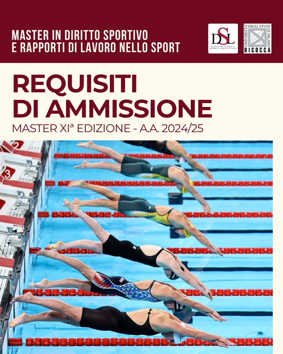 Master Diritto Sport (@masterdsl) on Twitter photo Per accedere al Master è necessario essere in possesso di uno dei seguenti titoli di studio:
-Laurea triennale
-Laurea con ordinamento previgente al D.M. 509/99
-Diploma Universitario triennale
-Laurea Magistrale a ciclo unico
linktr.ee/masterdirittos…
<a href="/TizianaVettor/">Tiziana Vettor</a>
<a href="/unimib/">Università degli Studi di Milano-Bicocca</a> Per accedere al Master è necessario essere in possesso di uno dei seguenti titoli di studio:
-Laurea triennale
-Laurea con ordinamento previgente al D.M. 509/99
-Diploma Universitario triennale
-Laurea Magistrale a ciclo unico
linktr.ee/masterdirittos…
<a href="/TizianaVettor/">Tiziana Vettor</a>
<a href="/unimib/">Università degli Studi di Milano-Bicocca</a>